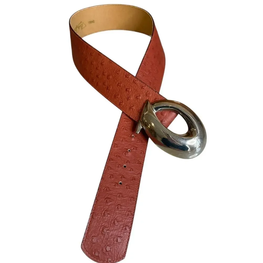 Vintage Better Belts Ostrich Embossed Statement Belt Big Silver Buckle Rose